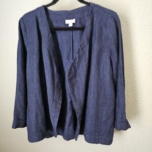 Pure Jill J Jill Blue Linen Open Cardigan Blazer Size Petite M Navy Pockets